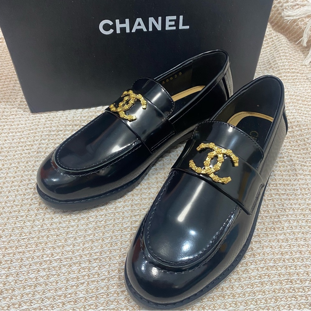 Chanel Black Loafers with Gold Logo